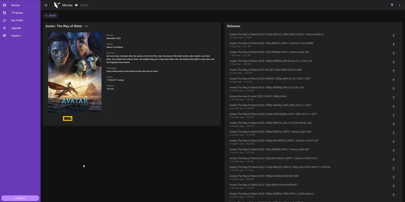 nzbwolf movie detail view with TMDB and IMDB information